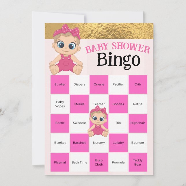 Flicka Rosa och Guld babydusch Bingo Game (Framsida)