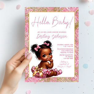 Flicka Rosa och Guld "Hello Baby" Bebis Shower Inbjudningar