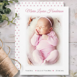 Flicka Rosa-prickkort för födelseanmälan Meddelande