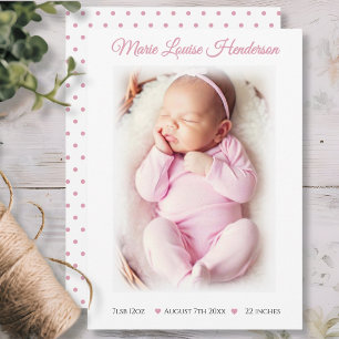 Flicka Rosa-prickkort för födelseanmälan Meddelande