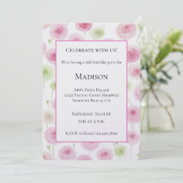 Flicka Rosa Ranunculus Blommor Födelsedag Inbjudningar