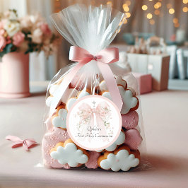 Flicka Rosa rosett Blommig första kommunion Runt Klistermärke