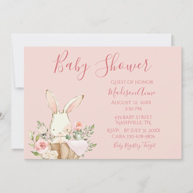 Flicka Rosa Script Cute Elegant Bunny Baby Inbjudningar (Framsida)