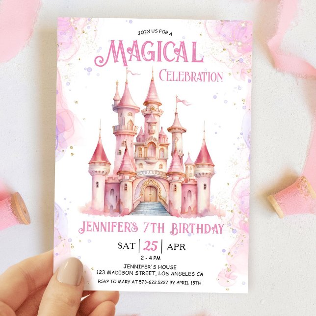 Flicka Rosa Slott Prinsessa 7-års födelsedagsfest Inbjudningar (Skapare uppladdad)