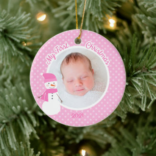 flicka Rosa Snögubbe Första julfoto Julgransprydnad Keramik