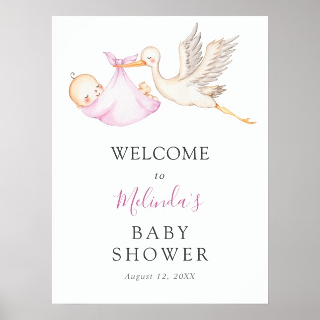 Flicka Rosa Stork Baby Shower Välkommen Poster (Framsidan)