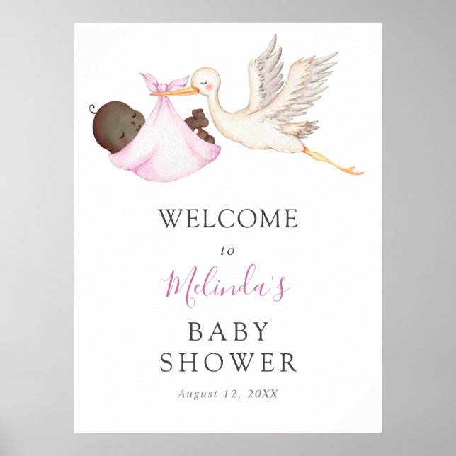 Flicka Rosa Stork Baby Shower Välkommen Poster (Framsidan)