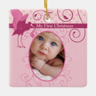 Flicka Rosa Stork Birth Stats Photo Julgransprydnad Keramik