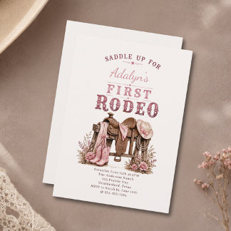 Flicka Rosa Vintage Första Rodeo 1-årsdag Inbjudningar