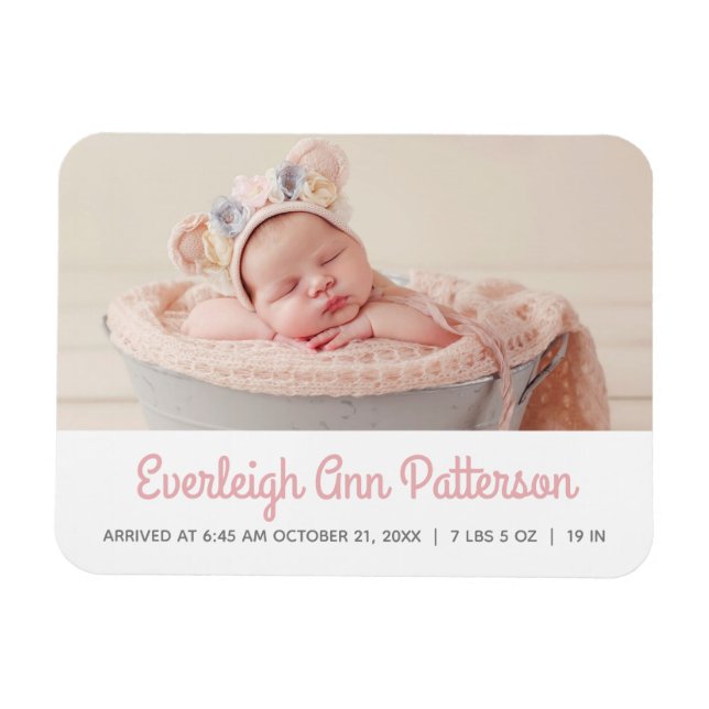 flicka Rosa White Photo Birth Announcement Magnet (Horisontell)