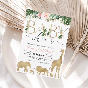 Flicka Safari Baby Shower Inbjudan Guld Elefant