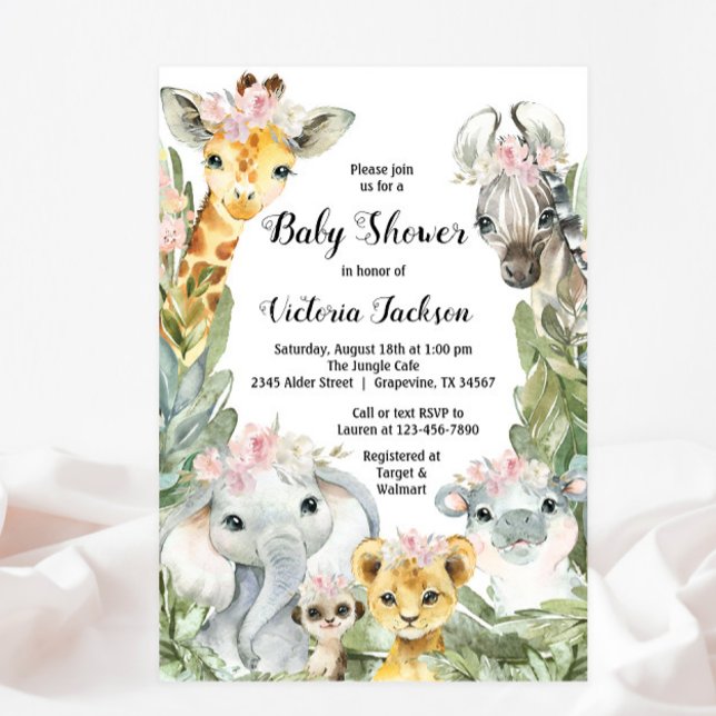 Flicka Safari Baby Shower-inbjudningar Inbjudningar (You can change all text, font style, font color.)