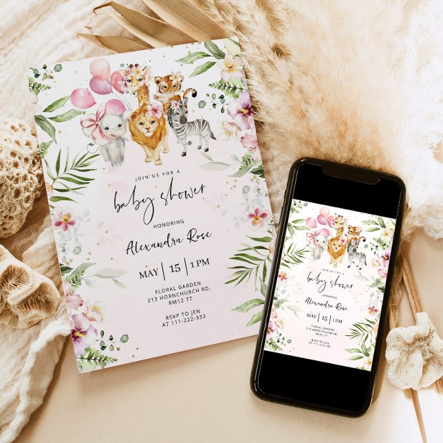 Flicka Safari-djur - inbjudan till babydusch (Skapare uppladdad)