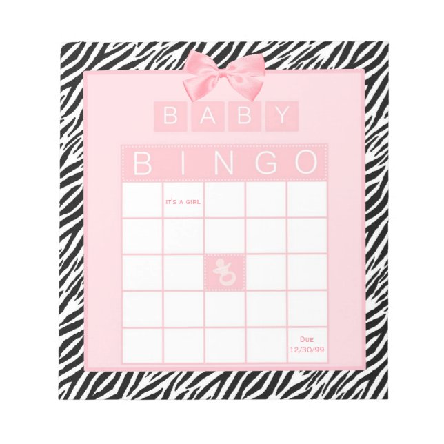 Flicka Shower Bingo Rosa Ribbon Zebra tryck Anteckningsblock (Framsida)