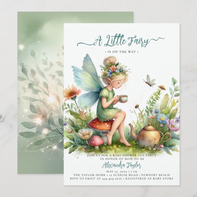 Flicka Shower Fairy Tea Kopp Wildblomma Mushroom Inbjudningar (Fram/baksida)