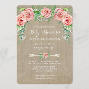 Flicka Shower Flower BOHO Krona Barn Wood Board Inbjudningar