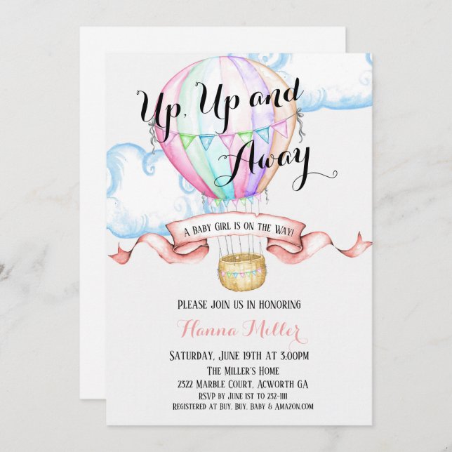 Flicka Shower för inbjudan till luftballong (Fram/baksida)