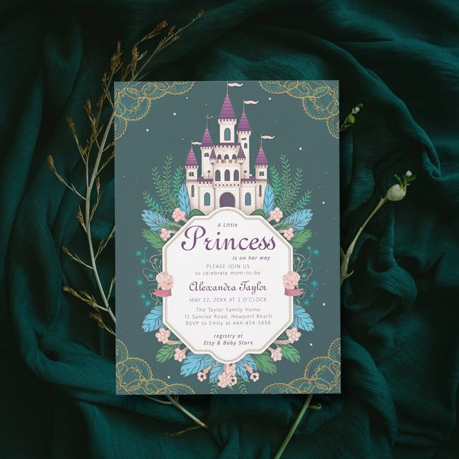 Flicka Shower för Princess Fairytale Castle Forest Inbjudningar (princess girl baby shower invitation enchanted forest magical castle emerald greenery frame)
