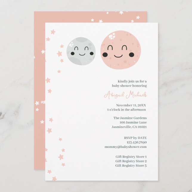 Flicka Shower för Rosa och Grått Planets Inbjudningar (Fram/baksida)