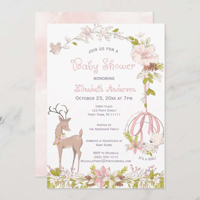 Flicka Shower för träets vattenfärg Blommigt Inbjudningar (Fram/baksida)