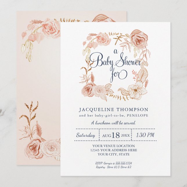 Flicka Shower Navy  Rosa Watercolor Blommigt Inbjudningar (Fram/baksida)