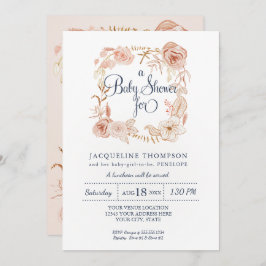 Flicka Shower Navy Rosa Watercolor Blommigt Inbjudningar