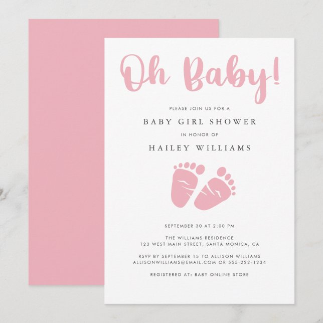 Flicka Shower | Oh Baby Rosa Baby Feet Inbjudningar (Fram/baksida)