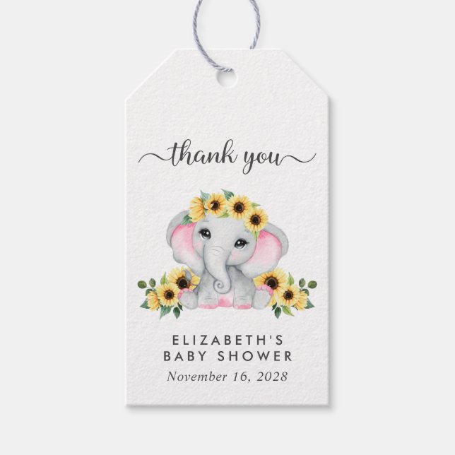 Flicka Shower Sunblommor Elephant Tack Presentetikett (Framsidan)