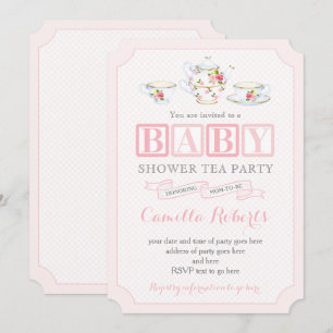 Flicka Shower Vintage Tea Party, Rosa och Grått Inbjudningar