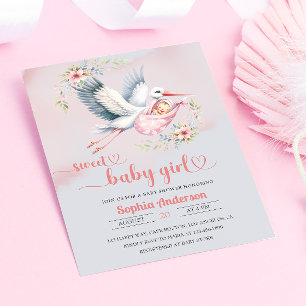 Flicka Shower with Stork Illustration - Elegant Inbjudningar