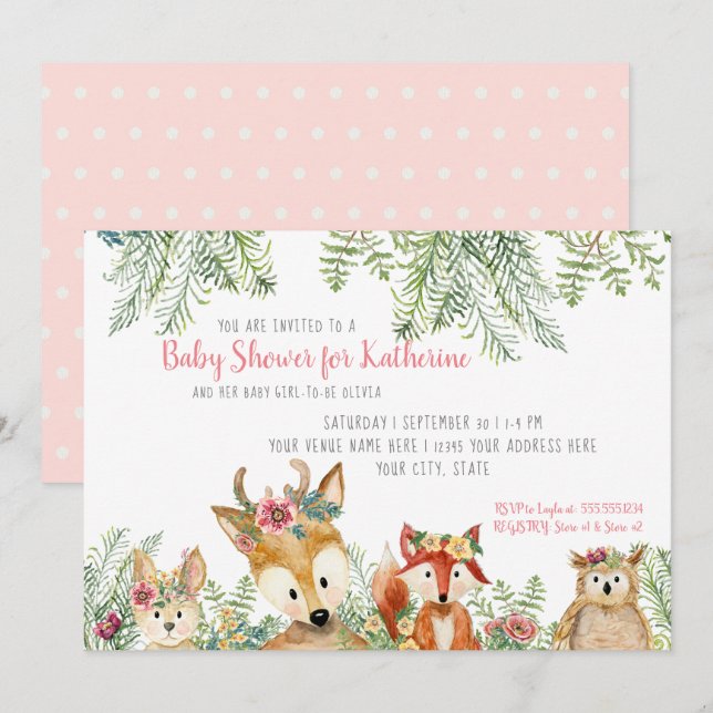 flicka Shower Woodland Animals Boho Hjort n Fox Inbjudningar (Fram/baksida)