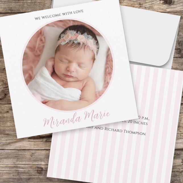 Flicka Simple Newborn Photo Script Typography (Baby photo announcement with pretty pink floral rose pattern. )