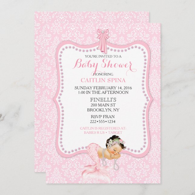 Flicka Sjöjungfru Princess Krona Damask Inbjudningar (Fram/baksida)