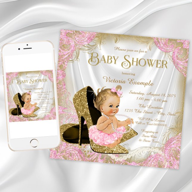 Flicka sko rosa guld glitter pärlor baby shower inbjudningar (Pink gold shoe baby shower invitation. Instant download and printed invitations available.)