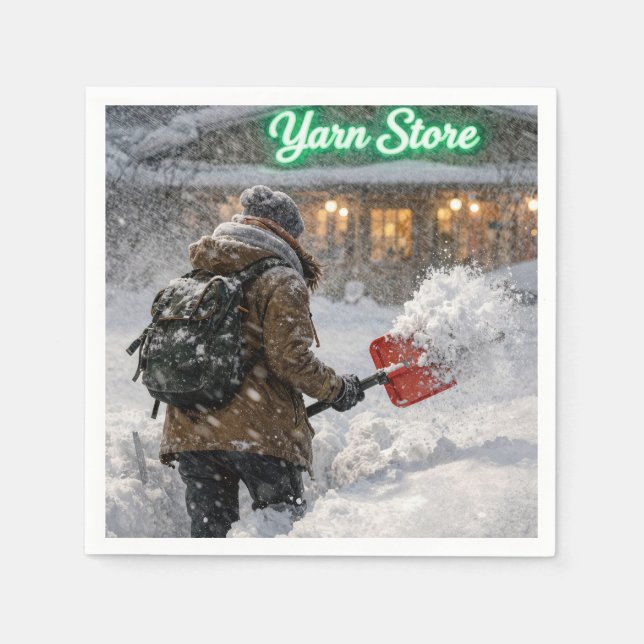Flicka skottar snö till en garnbutik pappersservett (Framsidan)