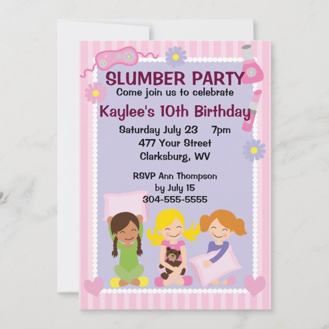 Flicka slummerparty inbjudningar (Framsida)