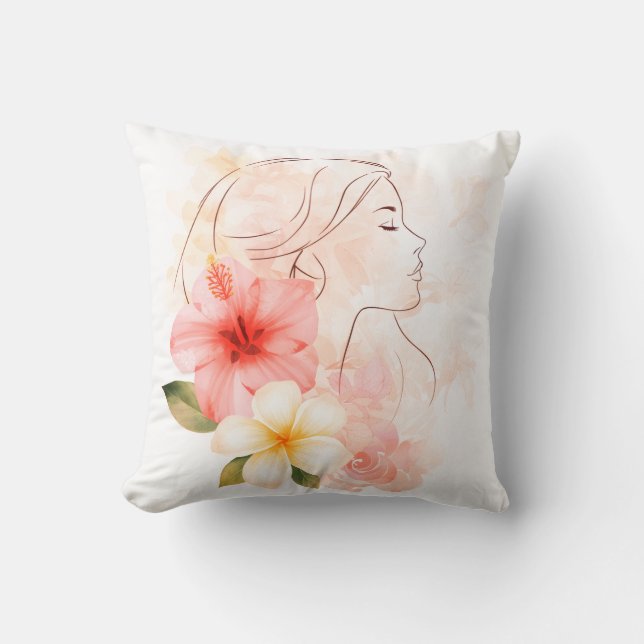 Flicka sluter ögonen med blomma- akvarell kudde (Framsida)