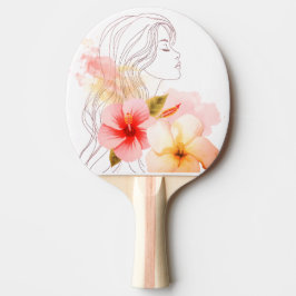 Flicka sluter ögonen med blomma- akvarell pingisracket