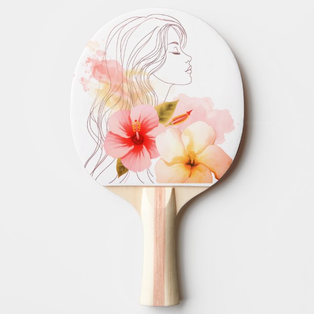 Flicka sluter ögonen med blomma- akvarell pingisracket (Framsidan)