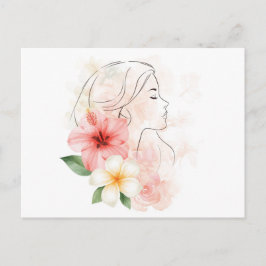 Flicka sluter ögonen vattenfärg med blomma vykort