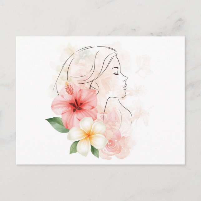 Flicka sluter ögonen vattenfärg med blomma  vykort (Framsida)