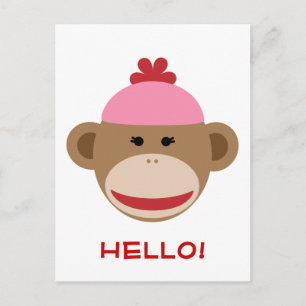 Flicka sock monkey hej vykort