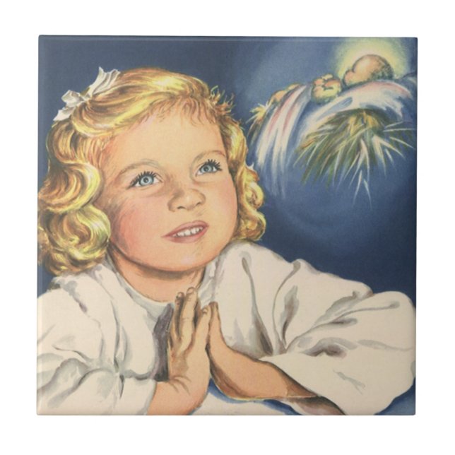 Flicka som ber till Jesus Kristus, sängbön Kakelplatta (Framsidan)