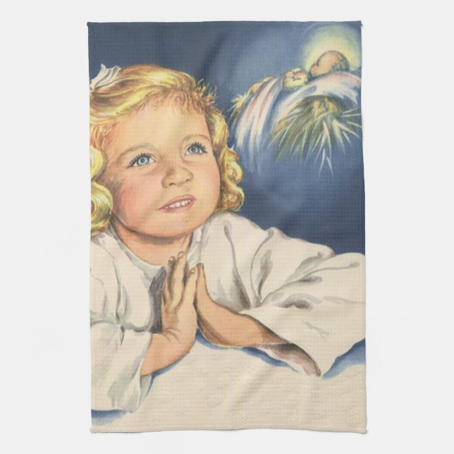 Flicka som ber till Jesus Kristus, sängbön Kökshandduk (Vertikal)