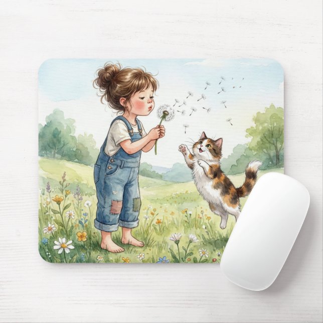 Flicka som blåser maskrosfrön med katt musmatta (Med mus)