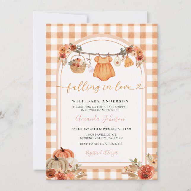 Flicka som förälskar sig i orange gingham-babyshow inbjudningar (Framsida)