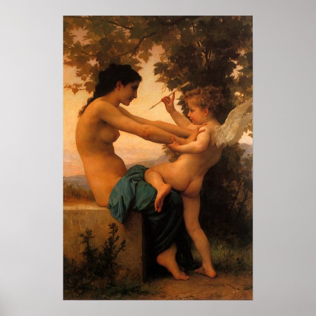 Flicka som försvarar sig mot Cupid av Bouguereau Poster (Framsidan)