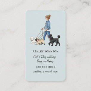 Flicka som går hund Pet sitter Hundpromenerare Blå Visitkort