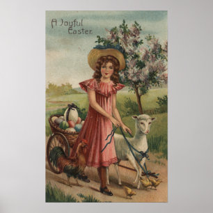Flicka som går lamben, chicken och tuppen poster