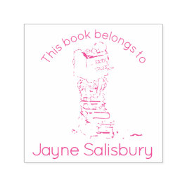 flicka som läser bokar namn-ungar bibliotek frimär självfärgande stämpel